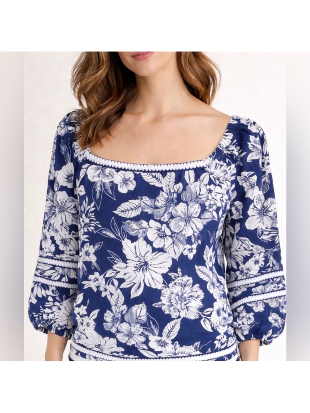 C&C California Blouse Women XL Blue White Floral Linen Vacation Cruise Resort